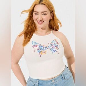 Torrid White with Rainbow Butterfly Print Ribbed Crop Top NWT